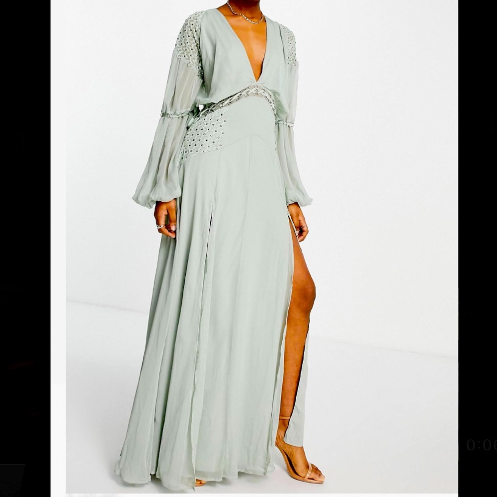 ASOS DESIGN maxi dress with embellished lace and satin ring detail in sage